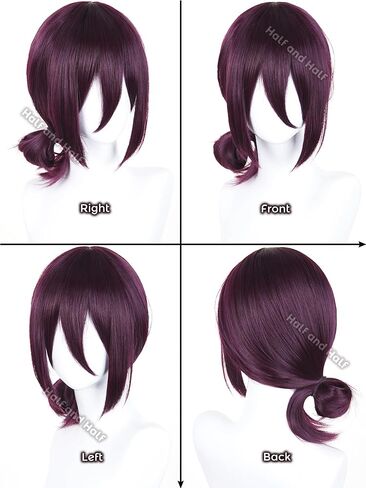 Half and Half Reze Cosplay Wig Dark Purple Anime Cosplay Short Wigs with Bangs & Bun Deep Grape Purple Female Wig for Halloween Party Women Costumes in Saudi Arabia