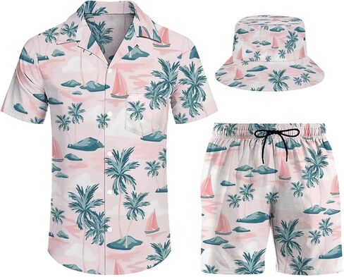 3 Piece Men's Hawaiian Bananas Shirt Aloha Tropical Shirt Suit Beach Shirt and Shorts with Bucket Hats in Saudi Arabia