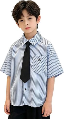 Kids Boys Striped Dress Shirts Classic Tie Short Sleeve Loose-fit T-Shirts Lapel School Uniform Blouses Tops in Kuwait