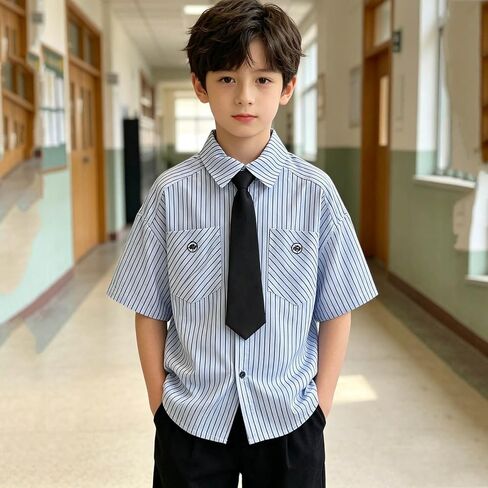 Kids Boys Striped Dress Shirts Classic Tie Short Sleeve Loose-fit T-Shirts Lapel School Uniform Blouses Tops in Kuwait