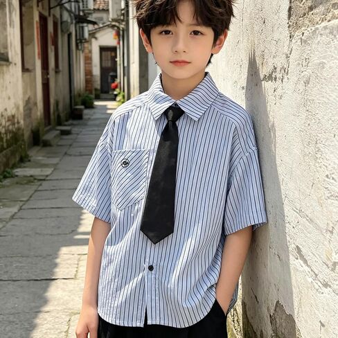 Kids Boys Striped Dress Shirts Classic Tie Short Sleeve Loose-fit T-Shirts Lapel School Uniform Blouses Tops in Kuwait