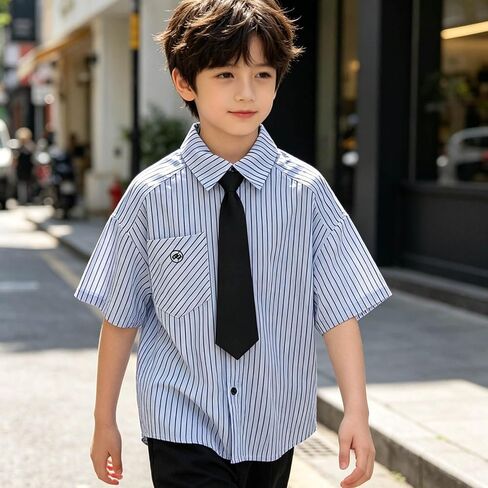 Kids Boys Striped Dress Shirts Classic Tie Short Sleeve Loose-fit T-Shirts Lapel School Uniform Blouses Tops in Kuwait