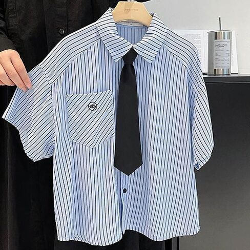 Kids Boys Striped Dress Shirts Classic Tie Short Sleeve Loose-fit T-Shirts Lapel School Uniform Blouses Tops in Kuwait