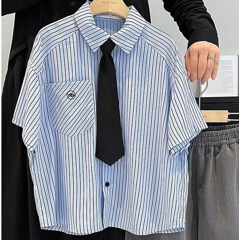 Kids Boys Striped Dress Shirts Classic Tie Short Sleeve Loose-fit T-Shirts Lapel School Uniform Blouses Tops in Kuwait