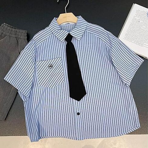 Kids Boys Striped Dress Shirts Classic Tie Short Sleeve Loose-fit T-Shirts Lapel School Uniform Blouses Tops in Kuwait