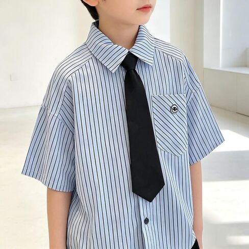 Kids Boys Striped Dress Shirts Classic Tie Short Sleeve Loose-fit T-Shirts Lapel School Uniform Blouses Tops in Kuwait