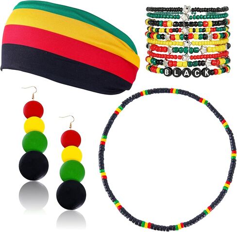 Mantveil 13 Pcs Juneteenth Accessories for Women, African Outfit Headband Elastic Rasta Beaded Bracelets Wooden Necklace Earrings Black History Month Jewelry Set in Kuwait