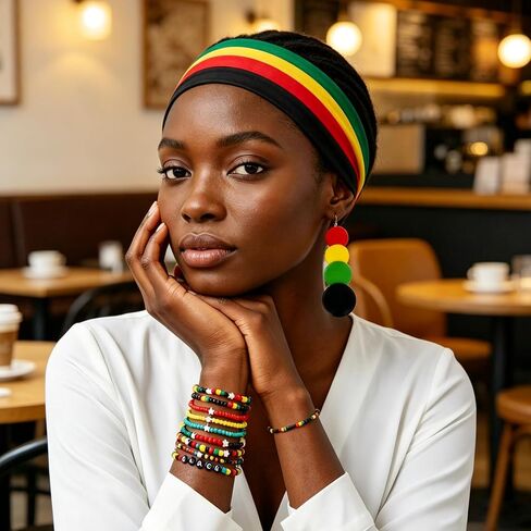 Mantveil 13 Pcs Juneteenth Accessories for Women, African Outfit Headband Elastic Rasta Beaded Bracelets Wooden Necklace Earrings Black History Month Jewelry Set in Kuwait