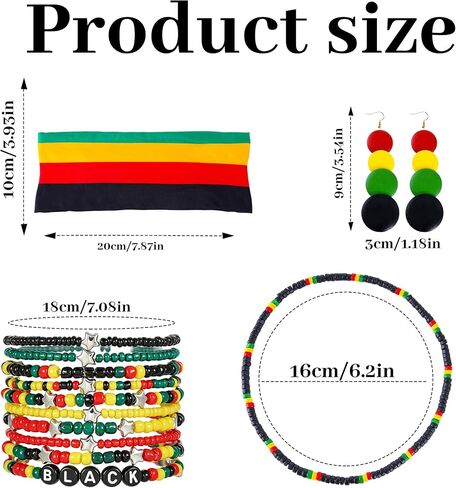 Mantveil 13 Pcs Juneteenth Accessories for Women, African Outfit Headband Elastic Rasta Beaded Bracelets Wooden Necklace Earrings Black History Month Jewelry Set in Kuwait