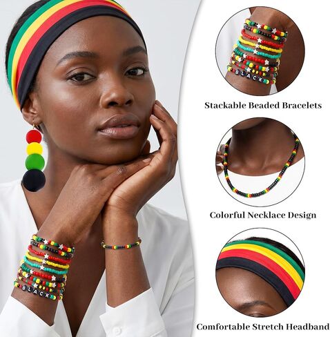 Mantveil 13 Pcs Juneteenth Accessories for Women, African Outfit Headband Elastic Rasta Beaded Bracelets Wooden Necklace Earrings Black History Month Jewelry Set in Kuwait
