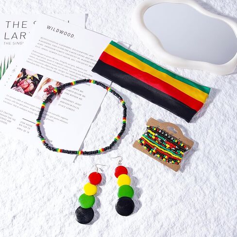 Mantveil 13 Pcs Juneteenth Accessories for Women, African Outfit Headband Elastic Rasta Beaded Bracelets Wooden Necklace Earrings Black History Month Jewelry Set in Kuwait