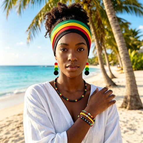 Mantveil 13 Pcs Juneteenth Accessories for Women, African Outfit Headband Elastic Rasta Beaded Bracelets Wooden Necklace Earrings Black History Month Jewelry Set in Kuwait