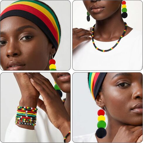 Mantveil 13 Pcs Juneteenth Accessories for Women, African Outfit Headband Elastic Rasta Beaded Bracelets Wooden Necklace Earrings Black History Month Jewelry Set in Kuwait