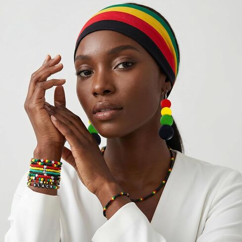 Mantveil 13 Pcs Juneteenth Accessories for Women, African Outfit Headband Elastic Rasta Beaded Bracelets Wooden Necklace Earrings Black History Month Jewelry Set in Kuwait