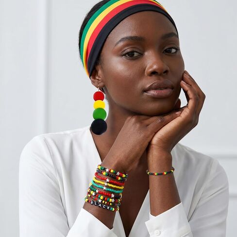 Mantveil 13 Pcs Juneteenth Accessories for Women, African Outfit Headband Elastic Rasta Beaded Bracelets Wooden Necklace Earrings Black History Month Jewelry Set in Kuwait