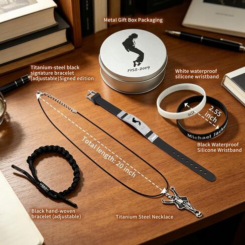 5pcs Pop Music Star Style Stuff, Superstar Necklace, Black titanium steel signature wristband, Hand Weave Bracelet, Black and white silicone wristband, Collectible-grade metal gift box in Saudi Arabia