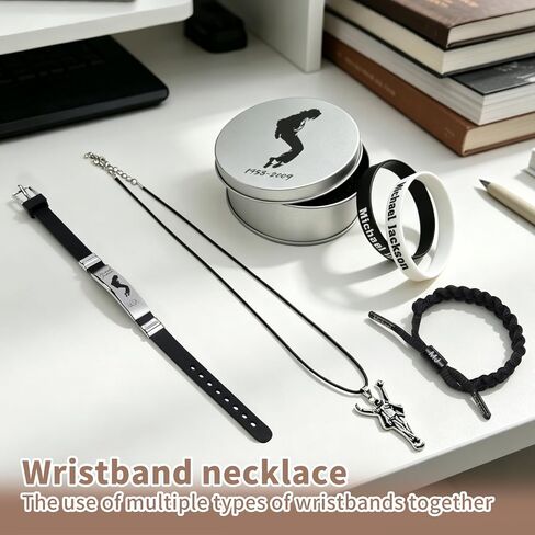 5pcs Pop Music Star Style Stuff, Superstar Necklace, Black titanium steel signature wristband, Hand Weave Bracelet, Black and white silicone wristband, Collectible-grade metal gift box in Saudi Arabia