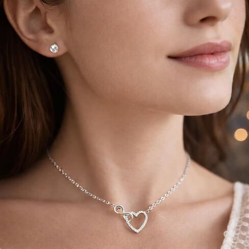 Heart and Infinity Necklace and Stud Earrings Set for Women, 925 Sterling Silver, Cubic Zirconia Jewelry Gift Box in Saudi Arabia