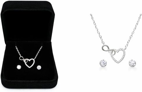 Heart and Infinity Necklace and Stud Earrings Set for Women, 925 Sterling Silver, Cubic Zirconia Jewelry Gift Box in Saudi Arabia