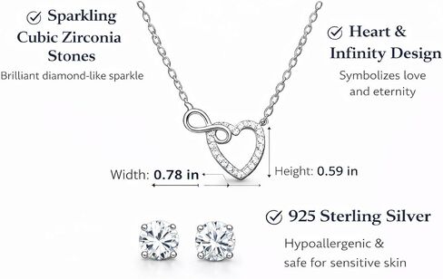 Heart and Infinity Necklace and Stud Earrings Set for Women, 925 Sterling Silver, Cubic Zirconia Jewelry Gift Box in Saudi Arabia