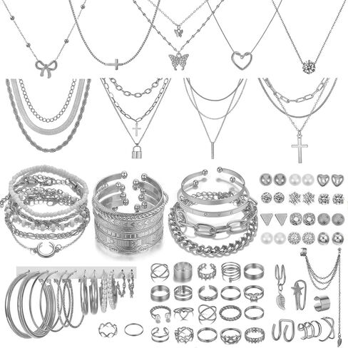 99 Pcs Silver Plated Jewelry Set for Women - Includes 9 Layered Necklaces, 16 Bracelets, 43 Hoop/Stud/Cuff Earrings & 22 Silver Rings | Complete Jewelry Pack, Ideal Birthday Gift in Kuwait