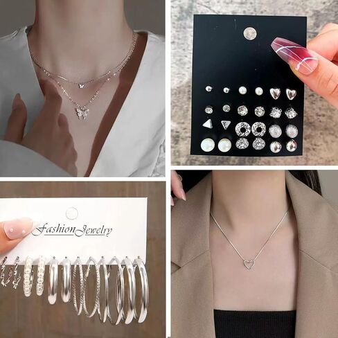 99 Pcs Silver Plated Jewelry Set for Women - Includes 9 Layered Necklaces, 16 Bracelets, 43 Hoop/Stud/Cuff Earrings & 22 Silver Rings | Complete Jewelry Pack, Ideal Birthday Gift in Kuwait