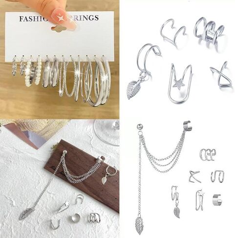 99 Pcs Silver Plated Jewelry Set for Women - Includes 9 Layered Necklaces, 16 Bracelets, 43 Hoop/Stud/Cuff Earrings & 22 Silver Rings | Complete Jewelry Pack, Ideal Birthday Gift in Kuwait