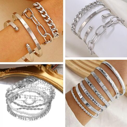 99 Pcs Silver Plated Jewelry Set for Women - Includes 9 Layered Necklaces, 16 Bracelets, 43 Hoop/Stud/Cuff Earrings & 22 Silver Rings | Complete Jewelry Pack, Ideal Birthday Gift in Kuwait