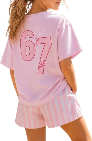 Azmxynol Tween Girl Clothes Summer 2 Pieces Outfit Set Trendy Loose Tee Shirt + Plaid Shorts, Size 7-14 Years in Kuwait
