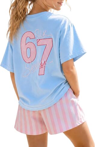 Azmxynol Tween Girl Clothes Summer 2 Pieces Outfit Set Trendy Loose Tee Shirt + Plaid Shorts, Size 7-14 Years in Kuwait