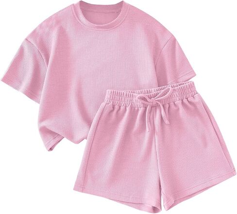 Girls 2 Piece Outfits Short Sleeve Waffle Knit T-Shirt and Shorts Active Outfit in Saudi Arabia