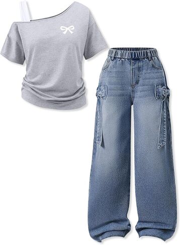 Teen Girl Clothes One Shoulder Top and Wide Leg Stretch Jeans 2 Piece Casual Outfits Size 7-16 in Kuwait