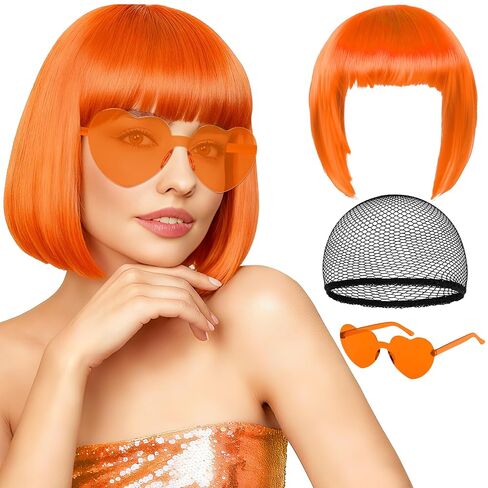 Orange Short Bob Straight Hair Wigs with Bangs, 11inch Synthetic Fiber Colorful Hair, Neon Heart-shaped Sunglasses and Wig Cap for Women, 80s 90s Costume, Halloween, Dress Up in Saudi Arabia