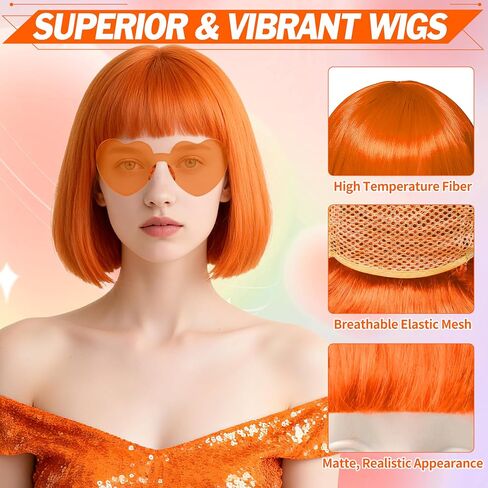 Orange Short Bob Straight Hair Wigs with Bangs, 11inch Synthetic Fiber Colorful Hair, Neon Heart-shaped Sunglasses and Wig Cap for Women, 80s 90s Costume, Halloween, Dress Up in Saudi Arabia