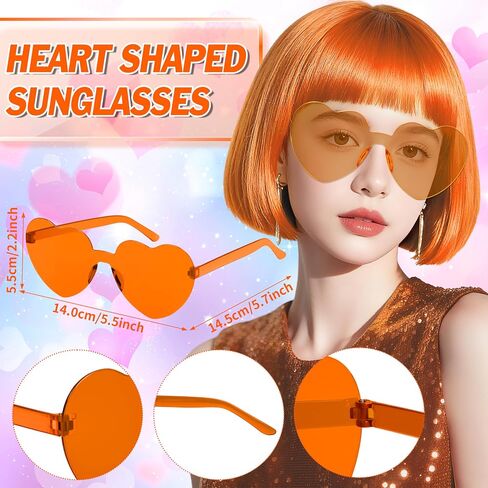 Orange Short Bob Straight Hair Wigs with Bangs, 11inch Synthetic Fiber Colorful Hair, Neon Heart-shaped Sunglasses and Wig Cap for Women, 80s 90s Costume, Halloween, Dress Up in Saudi Arabia