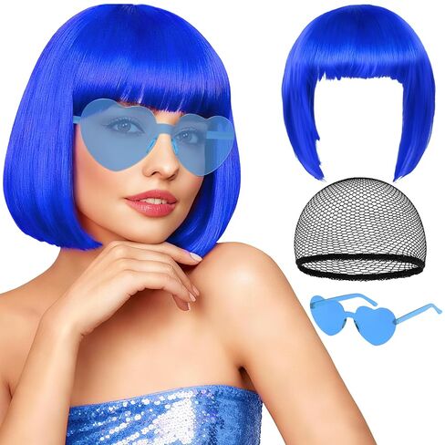 Orange Short Bob Straight Hair Wigs with Bangs, 11inch Synthetic Fiber Colorful Hair, Neon Heart-shaped Sunglasses and Wig Cap for Women, 80s 90s Costume, Halloween, Dress Up in Saudi Arabia