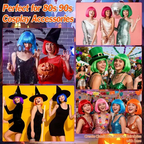 Orange Short Bob Straight Hair Wigs with Bangs, 11inch Synthetic Fiber Colorful Hair, Neon Heart-shaped Sunglasses and Wig Cap for Women, 80s 90s Costume, Halloween, Dress Up in Saudi Arabia