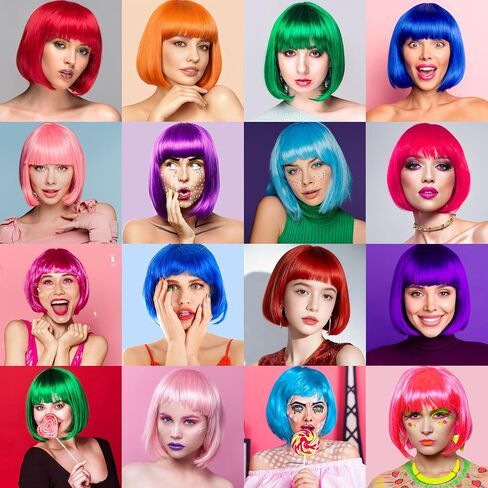 Orange Short Bob Straight Hair Wigs with Bangs, 11inch Synthetic Fiber Colorful Hair, Neon Heart-shaped Sunglasses and Wig Cap for Women, 80s 90s Costume, Halloween, Dress Up in Saudi Arabia