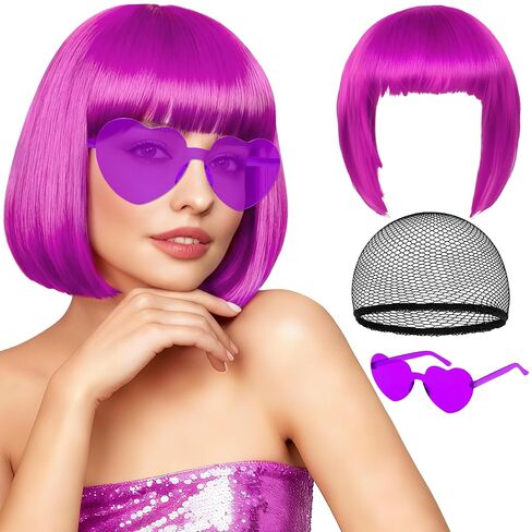 Orange Short Bob Straight Hair Wigs with Bangs, 11inch Synthetic Fiber Colorful Hair, Neon Heart-shaped Sunglasses and Wig Cap for Women, 80s 90s Costume, Halloween, Dress Up in Saudi Arabia