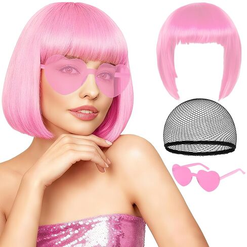 Orange Short Bob Straight Hair Wigs with Bangs, 11inch Synthetic Fiber Colorful Hair, Neon Heart-shaped Sunglasses and Wig Cap for Women, 80s 90s Costume, Halloween, Dress Up in Saudi Arabia
