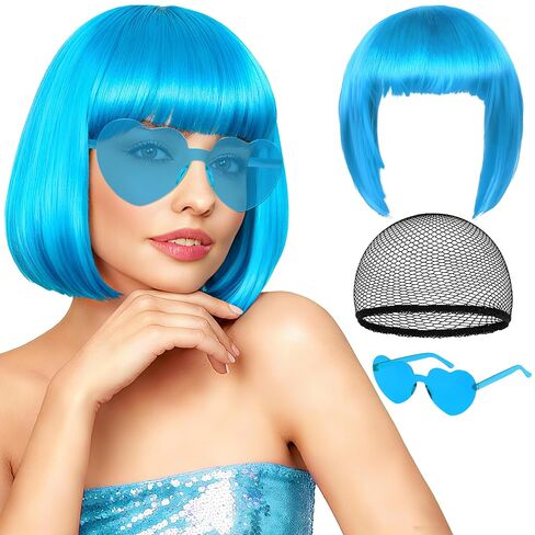 Orange Short Bob Straight Hair Wigs with Bangs, 11inch Synthetic Fiber Colorful Hair, Neon Heart-shaped Sunglasses and Wig Cap for Women, 80s 90s Costume, Halloween, Dress Up in Saudi Arabia