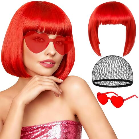 Orange Short Bob Straight Hair Wigs with Bangs, 11inch Synthetic Fiber Colorful Hair, Neon Heart-shaped Sunglasses and Wig Cap for Women, 80s 90s Costume, Halloween, Dress Up in Saudi Arabia