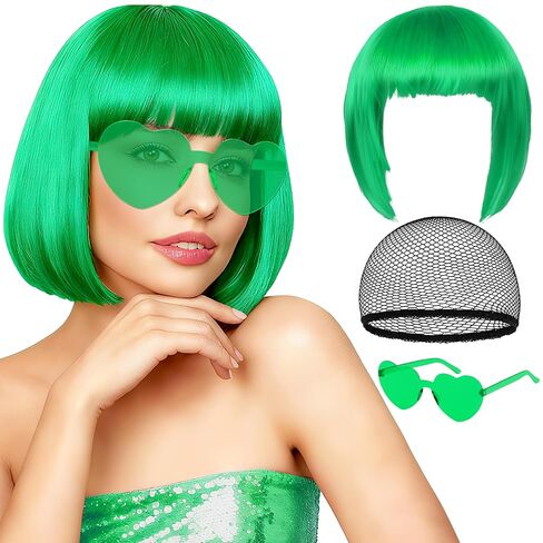 Orange Short Bob Straight Hair Wigs with Bangs, 11inch Synthetic Fiber Colorful Hair, Neon Heart-shaped Sunglasses and Wig Cap for Women, 80s 90s Costume, Halloween, Dress Up in Saudi Arabia