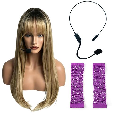 Blonde Ombre Wig with Bangs Heat Resistant Fiber Purple Gloves and Fake Microphone Halloween Cosplay Singer Costume in Saudi Arabia