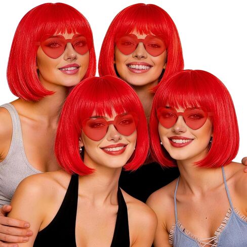 4 Pack Red Women Bobs Colored Bob Wig with Heart Sunglasses, Colorful Neon Party Wigs with Hair Net Funny Hairpieces for Cosplay Birthday Christmas Halloween Costume Musicals Bachelorette Party in Kuwait