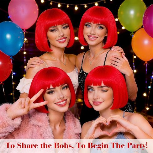 4 Pack Red Women Bobs Colored Bob Wig with Heart Sunglasses, Colorful Neon Party Wigs with Hair Net Funny Hairpieces for Cosplay Birthday Christmas Halloween Costume Musicals Bachelorette Party in Kuwait