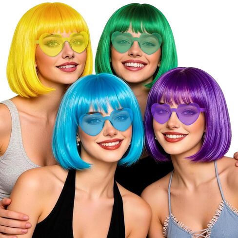 4 Pack Red Women Bobs Colored Bob Wig with Heart Sunglasses, Colorful Neon Party Wigs with Hair Net Funny Hairpieces for Cosplay Birthday Christmas Halloween Costume Musicals Bachelorette Party in Kuwait