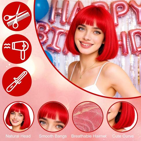 4 Pack Red Women Bobs Colored Bob Wig with Heart Sunglasses, Colorful Neon Party Wigs with Hair Net Funny Hairpieces for Cosplay Birthday Christmas Halloween Costume Musicals Bachelorette Party in Kuwait