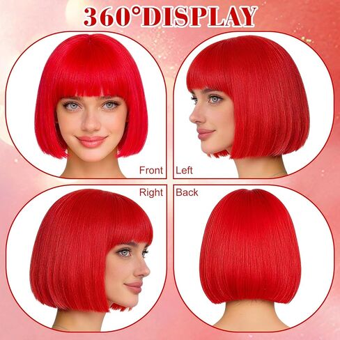 4 Pack Red Women Bobs Colored Bob Wig with Heart Sunglasses, Colorful Neon Party Wigs with Hair Net Funny Hairpieces for Cosplay Birthday Christmas Halloween Costume Musicals Bachelorette Party in Kuwait