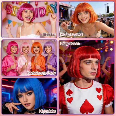 4 Pack Red Women Bobs Colored Bob Wig with Heart Sunglasses, Colorful Neon Party Wigs with Hair Net Funny Hairpieces for Cosplay Birthday Christmas Halloween Costume Musicals Bachelorette Party in Kuwait